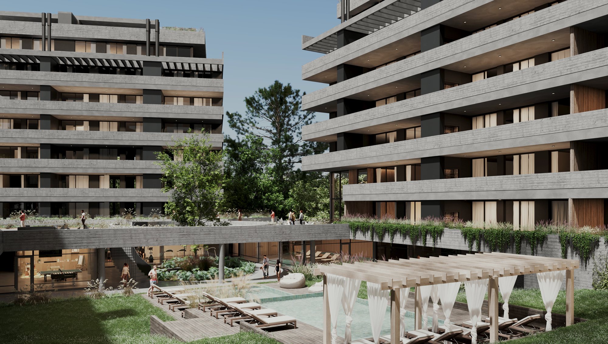 Render de The Kalem Blvd: dos edificios con pileta, solárium y pérgola entre los pinos
