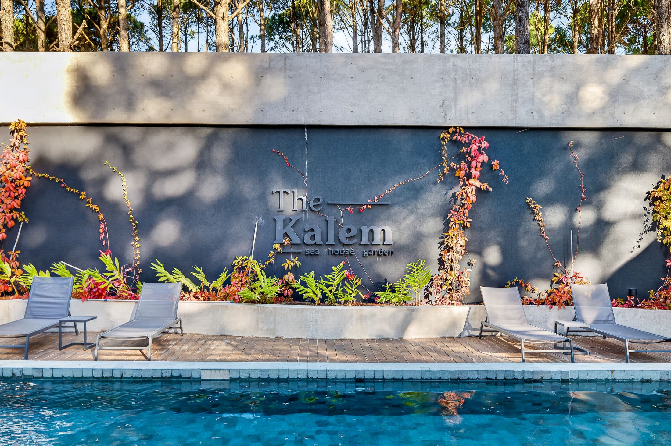 Pileta de The Kalem 2 con el logo en el muro y pinos detrás